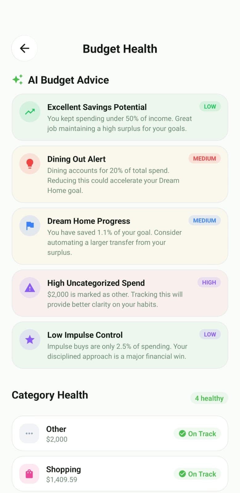 SnapExpense personal finance app showing investment advice and savings recommendations