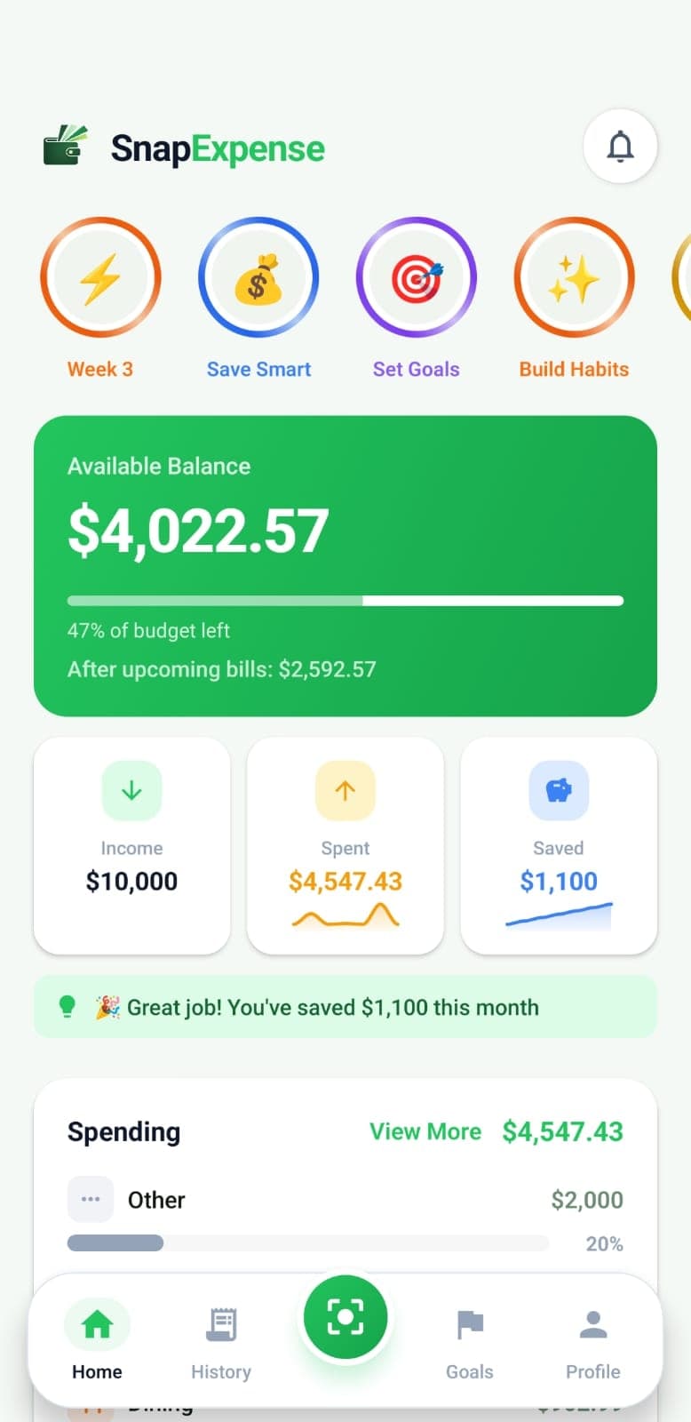 SnapExpense budget app dashboard displaying monthly income, total spending, savings balance, and spending category breakdown