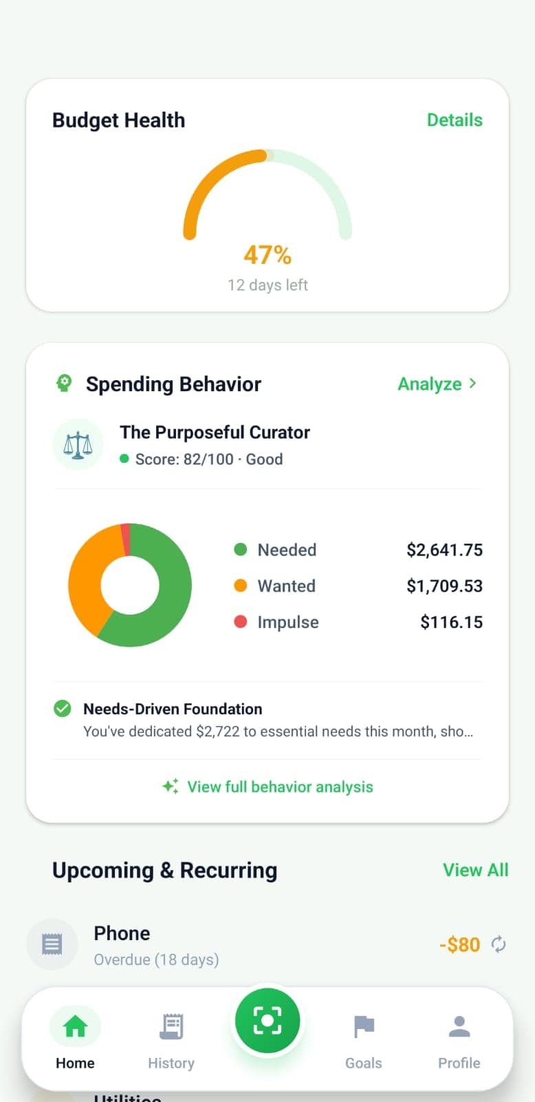 SnapExpense smart savings reconciliation showing spending behavior analysis