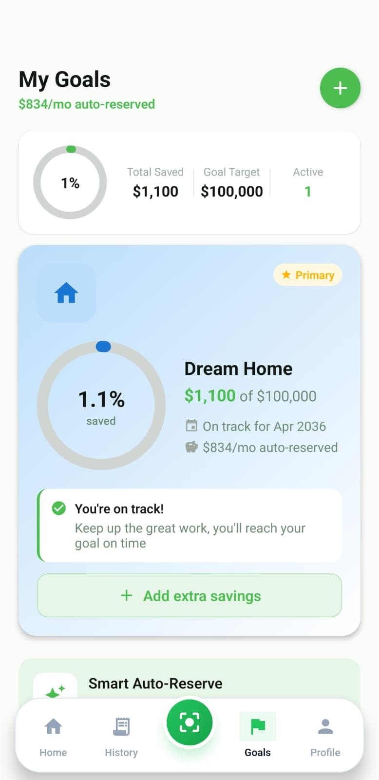 SnapExpense savings goal tracker showing Dream Home fund progress with Auto-Reserve enabled